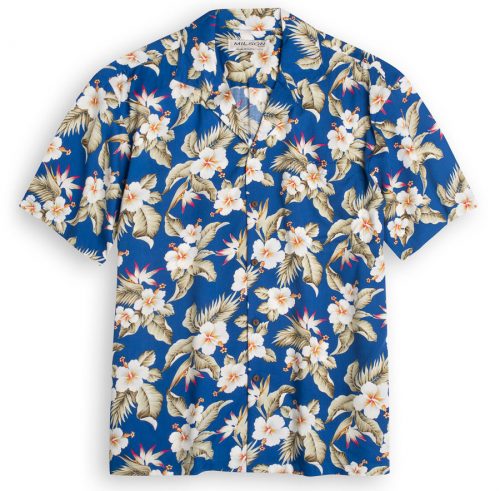 KY's Milson Aloha Hibiscus blue Hawaiian Shirts at The Hawaiian Shirt Shop, UK