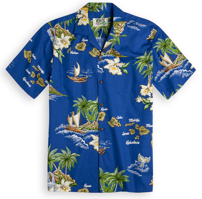 KY's Island Outrigger (Blue) Hawaiian Shirts at The Hawaiian Shirt Shop, UK