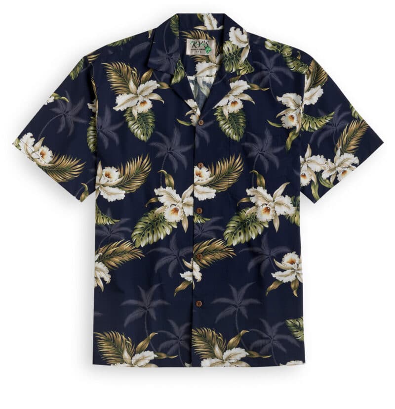 KY's Classic Orchid Midnight Blue Hawaiian Shirt