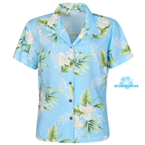 Two Palms Orchid Fern, sky blue Hawaiian shirt for women