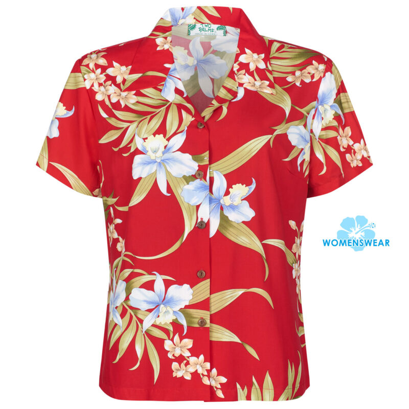 Two Palms Pali Orchid, red Hawaiian shirt for women