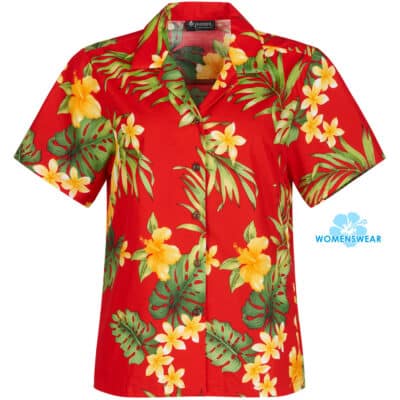 Puanani Puamala, red Hawaiian shirt for women