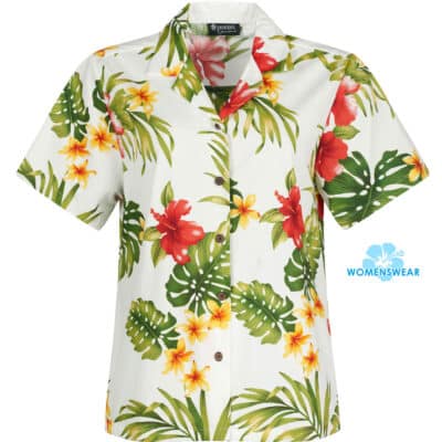 Puanani Puamala, white Hawaiian shirt for women