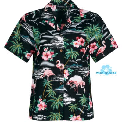 Pretty Flamingo, black Hawaiian shirt for women