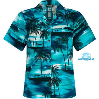 Sunset Beach, black Hawaiian shirt for women