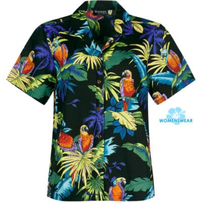 Macaw Mania, black Hawaiian shirt for women