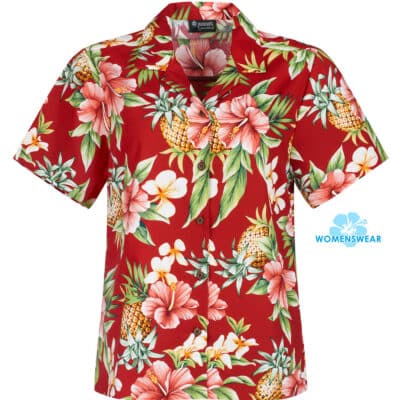 Kahiki Garden, red Hawaiian shirt for women