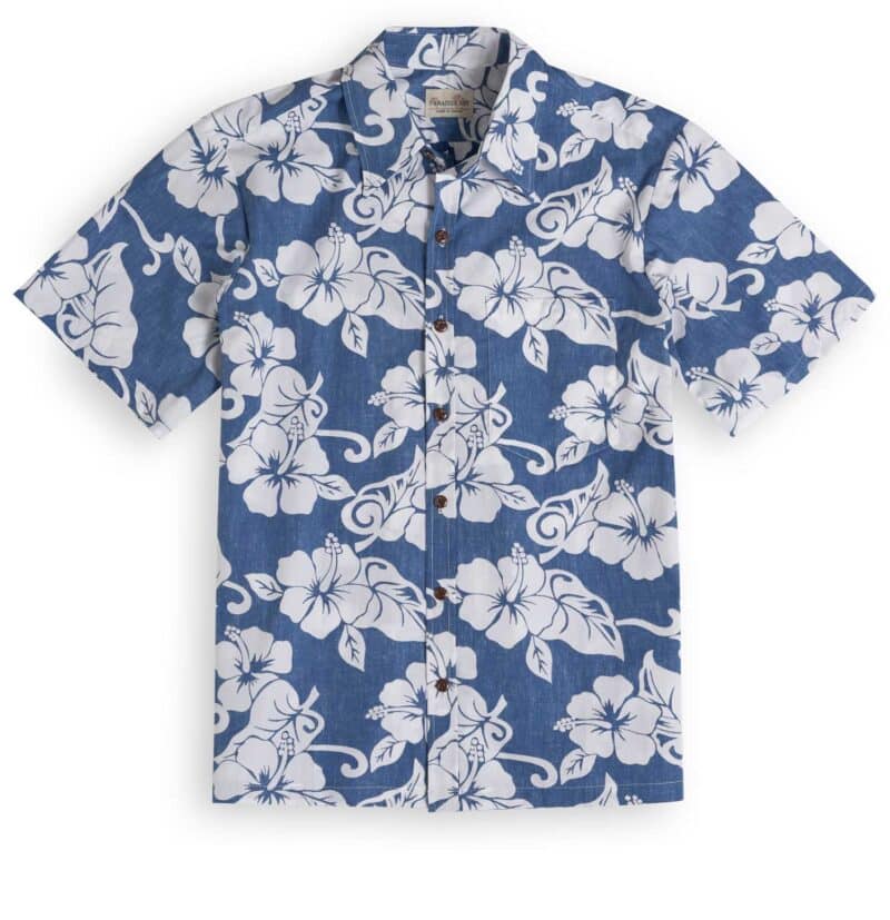 Royal Hawaiian Creations Paradise Bay Hot Hibiscus in blue, Hawaiian Shirt Shop UK