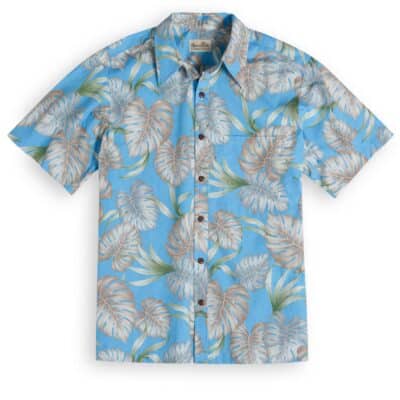 Royal Hawaiian Creations Paradise Bay Monstera Magic in blue, Hawaiian Shirt Shop UK