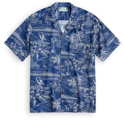 Two Palms rayon shirt, Etches of Hawaii in blue from the Hawaiian Shirt Shop UK