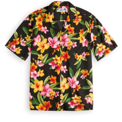 Two Palms rayon shirt, Happy Plumeria in black from Hawaiian Shirt Shop UK