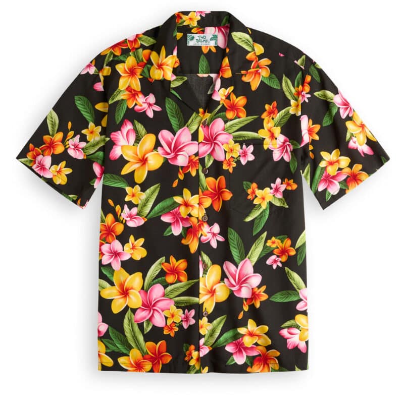 Two Palms rayon shirt, Happy Plumeria in black from Hawaiian Shirt Shop UK