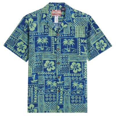 RJC Hanauma Tapa green & blue Hawaiian shirt, Hawaiian Shirt Shop UK